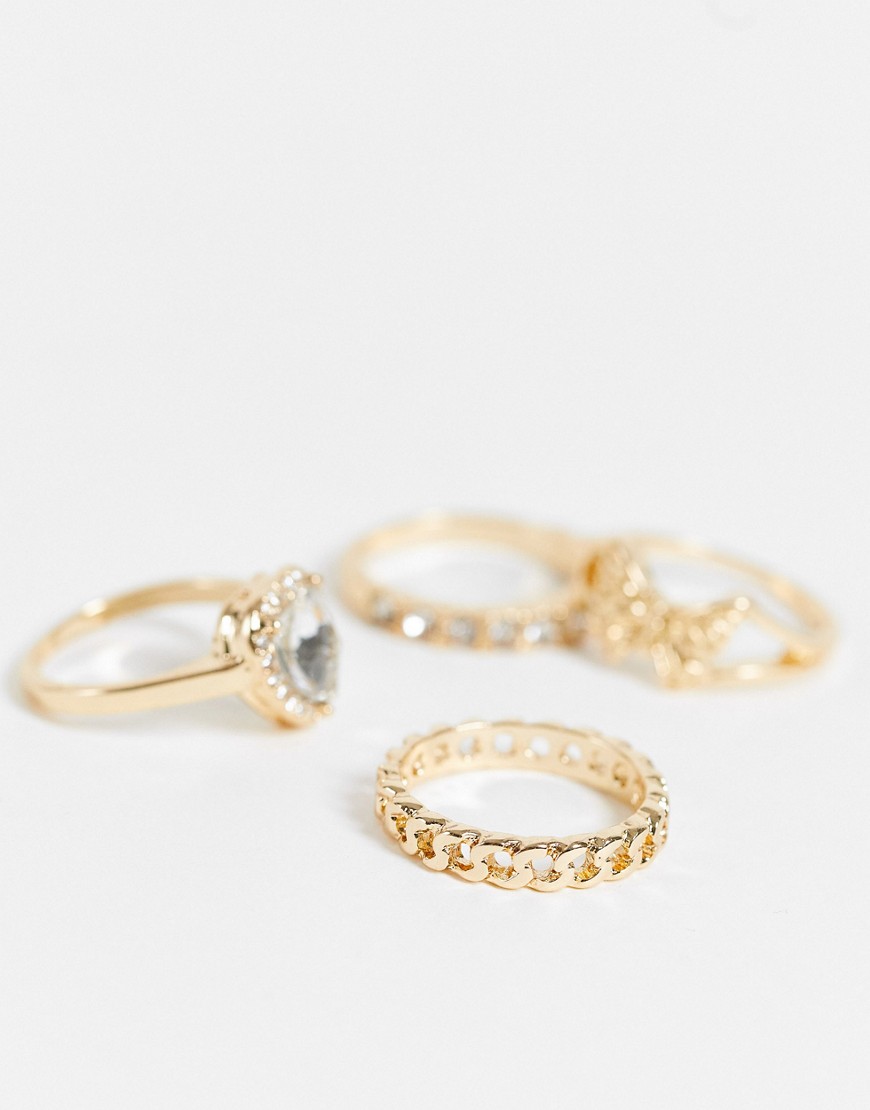 Topshop 4-pack crystal heart & pave rings in gold