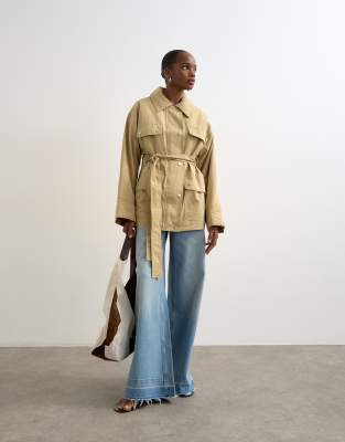 Topshop 4 Pocket Cotton Shacket With Quilted Lining In Brown
