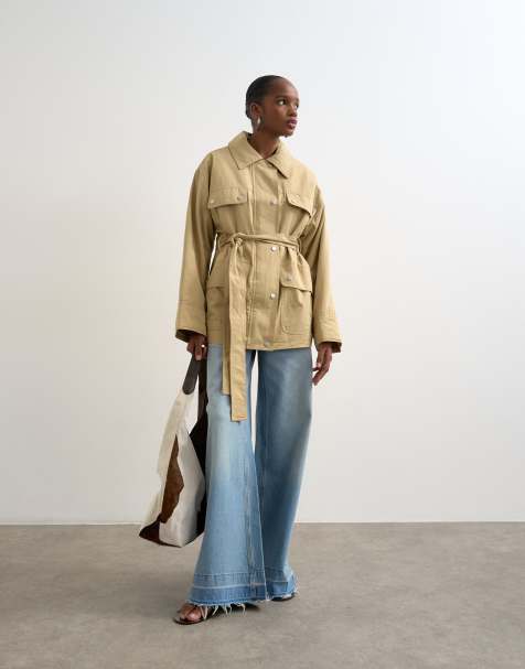 Topshop 4 pocket cotton shacket with quilted lining in beige