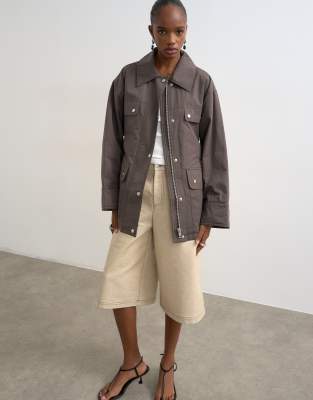 Topshop 4 Pocket Cotton Shacket With Quilted Lining In Brown