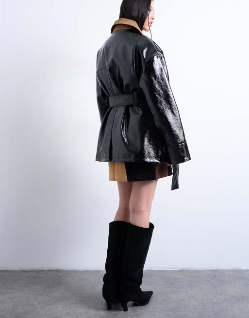 Topshop 4 pocket vinyl shacket with contrast collar in navy, 4 of 4
