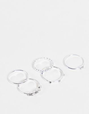 Topshop 5 pack baguette stone rings in silver - ASOS Price Checker