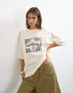 Model wearing Topshop '500 Club' graphic t-shirt in ecru