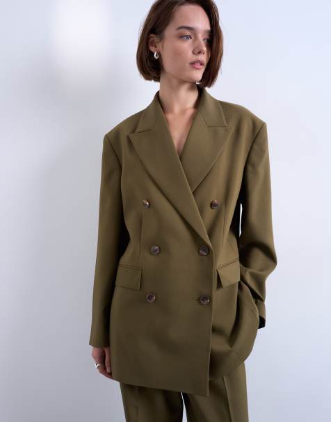 Topshop 6 button double breasted tuxedo blazer in khaki - view 1