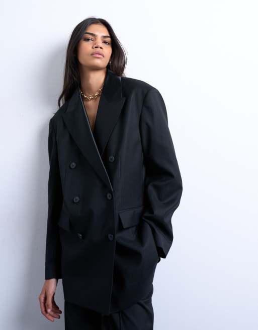 Topshop 6-button double-breasted tuxedo suit blazer in black (Part of a set), 3 of 4