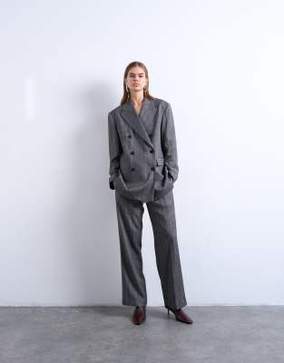 Topshop 6 Button Herringbone Stripe Double Breasted Tuxedo Blazer In Gray