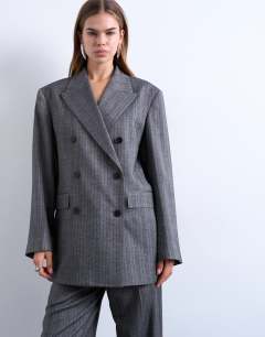 6 button herringbone stripe double breasted tuxedo blazer in grey