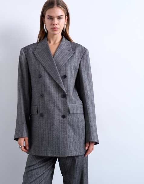 Topshop 6 button herringbone stripe double breasted tuxedo blazer in grey