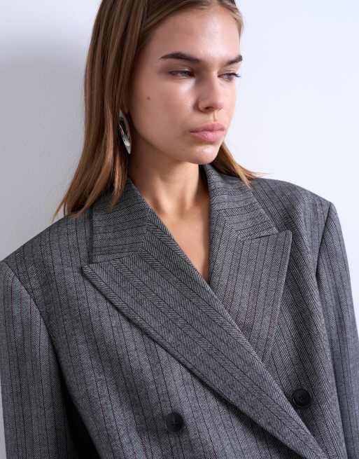 Topshop 6 button herringbone stripe double breasted tuxedo blazer in grey, 3 of 4