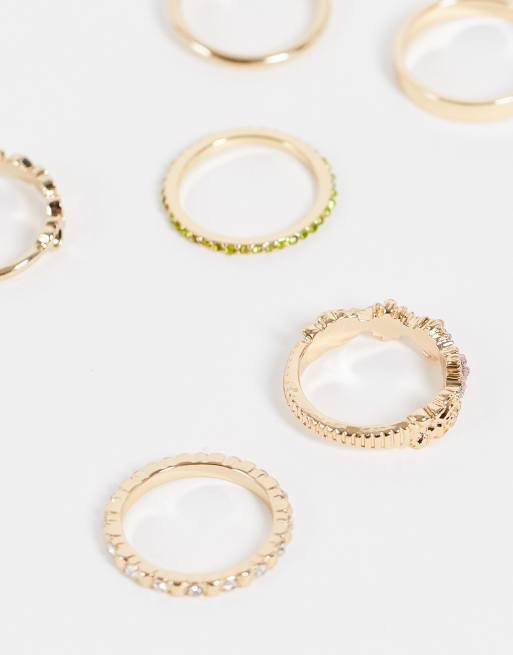 Topshop 8 pack of mixed chain rings in gold