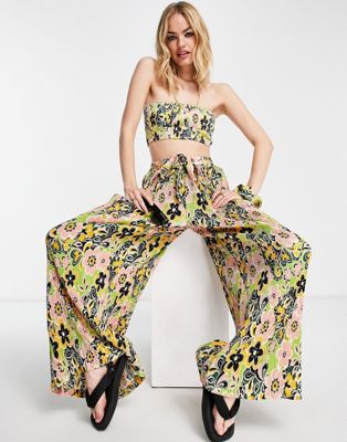 Topshop 60's floral plisse wide leg beach trouser in multi