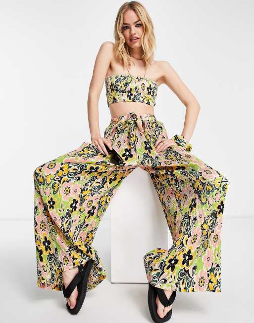 Topshop 60 s floral plisse wide leg beach trouser in multi