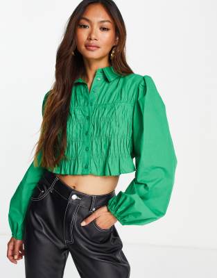 Topshop 70s collar shirred poplin shirt in green | ASOS