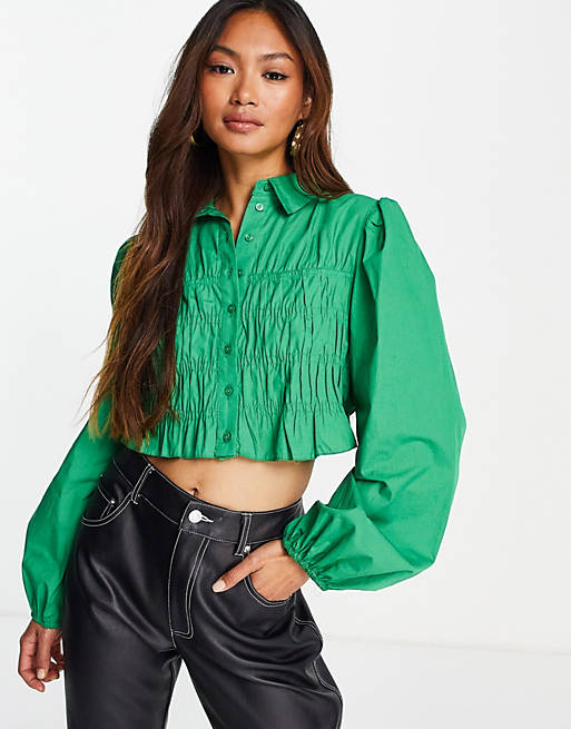 Tops Shirts & Blouses/Topshop 70s collar shirred poplin shirt in green 