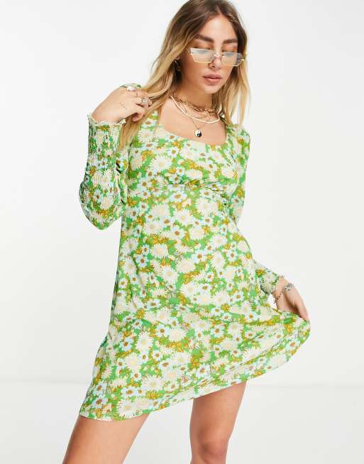 Tall 70s Floral Print Flare Sleeve Mini Dress