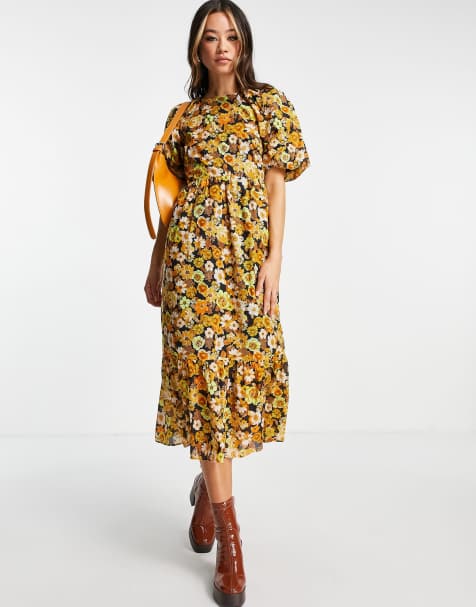 Topshop 70's floral puff sleeve midi dress in multi  - MULTI - view 1