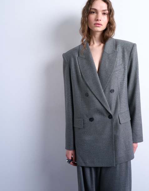 Topshop 80s double breasted oversized blazer in grey - view 1