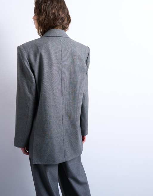 Topshop 80s double breasted oversized blazer in grey, 3 of 4
