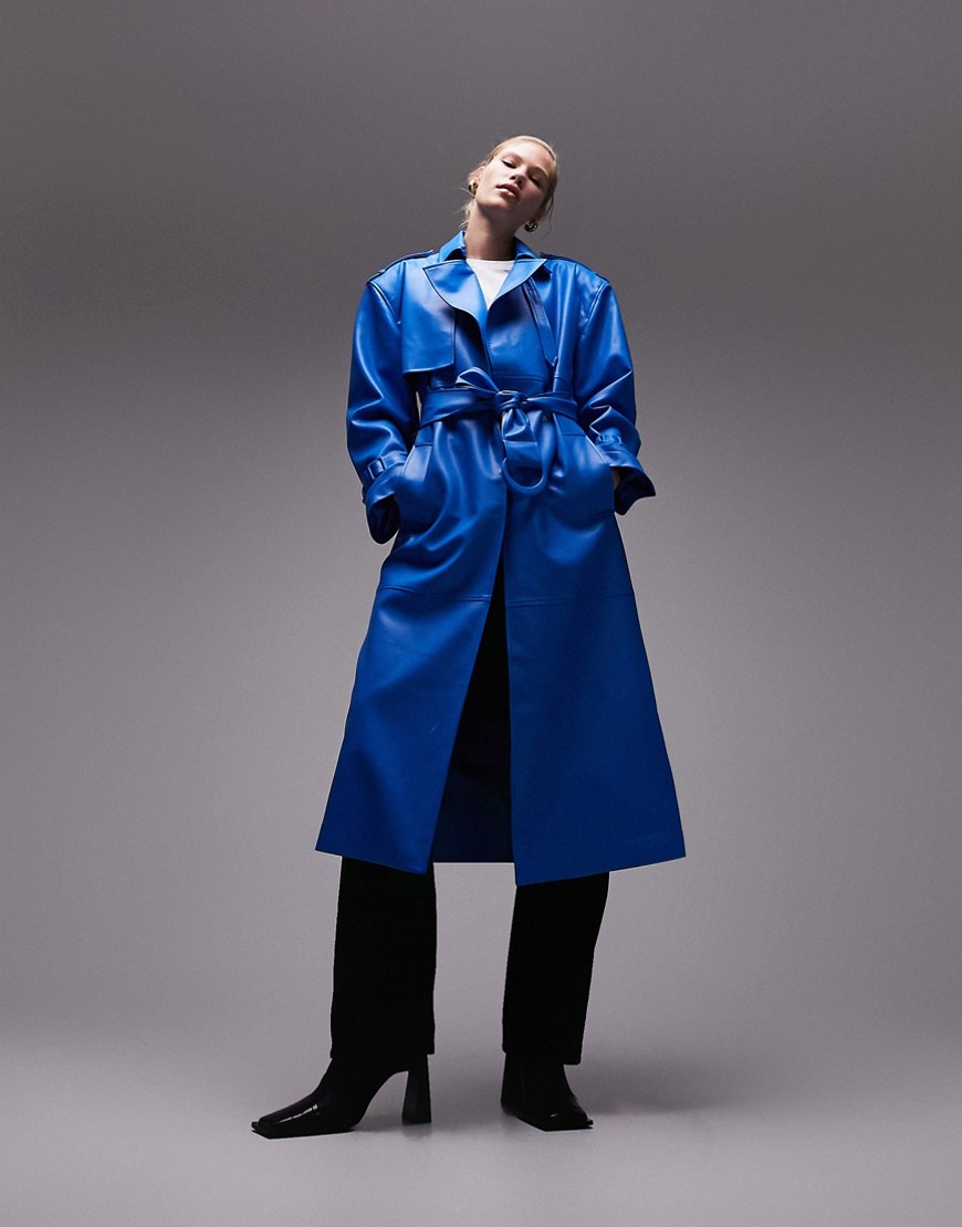 Topshop 80s faux leather long-line trench coat in cobalt blue