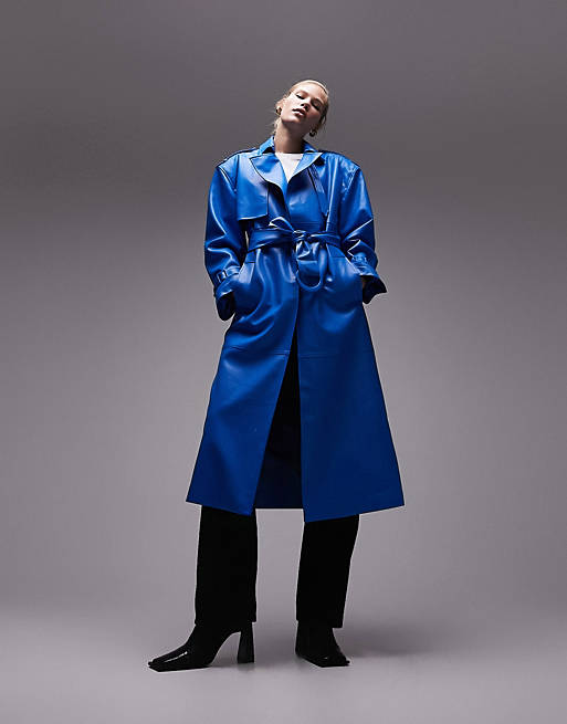 Topshop 80s faux leather long-line trench coat in cobalt blue | ASOS