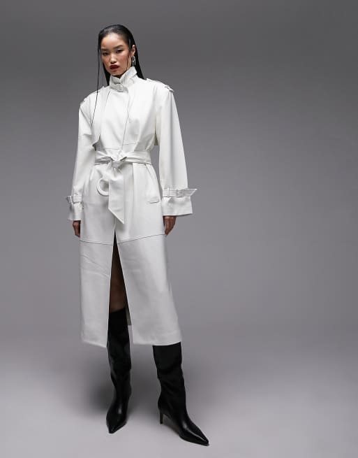 Topshop 80s faux leather long-line trench coat in white