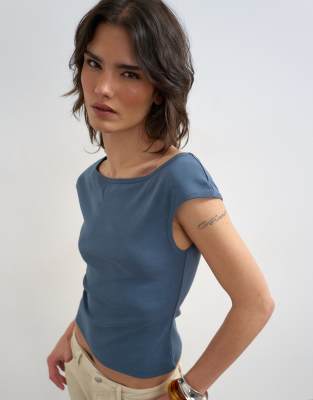 Topshop 90s boat neck top in deep blue