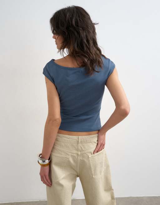 Topshop 90s boat neck top in deep blue from Topshop
