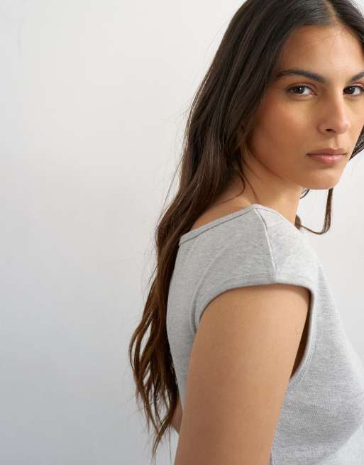 Topshop 90s boat neck top in gray heather | ASOS