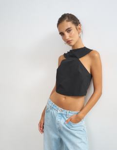 Model wearing 90s cutaway top in black