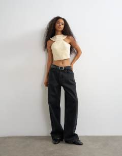 Model wearing 90s cutaway top in buttermilk