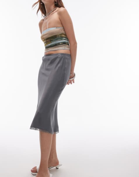 Topshop 90s length bias skirt in charcoal with lace trim - view 1