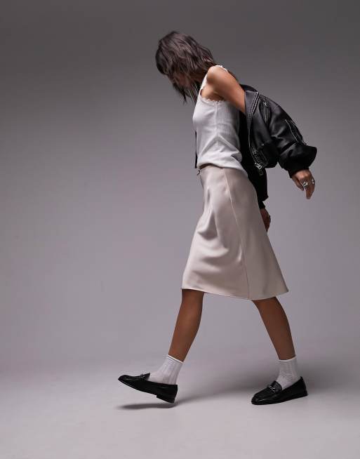 Topshop 90's length satin skirt with trim detail in oyster