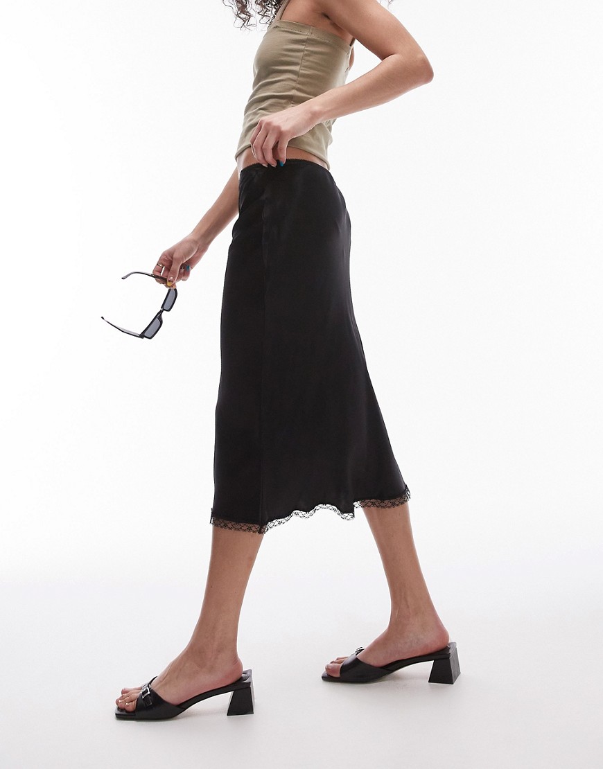Topshop 90's length skirt with knicker waistband and lace trim in black