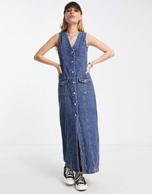 Topshop 90s midi button down dress in mid blue