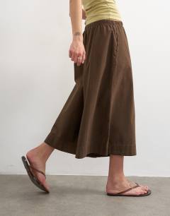 Model wearing A line culotte in chocolate