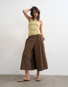 Model wearing A line culotte in chocolate