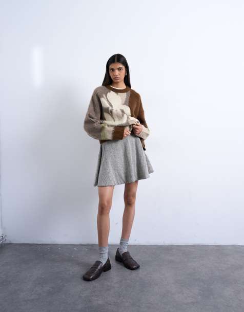 Topshop a-line flippy mini skirt in mono herringbone