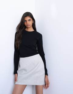 Model wearing A line mini skirt in grey