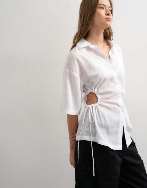 Topshop - Aansluitend overhemd met korte mouwen en aangerimpelde taille in wit - view 1