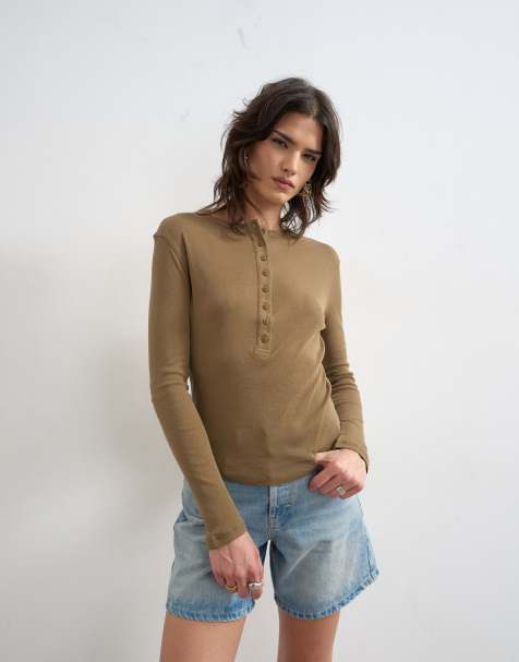 Topshop - Aansluitende henley top met lange mouwen in kaki - view 1