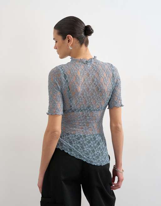 Topshop - Aansluitende hoogsluitende top van kant met halflange mouwen in blauw, 4 van 4