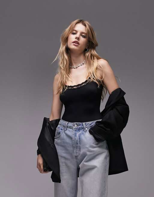 Topshop Abbie microfibre lace trim body in black 