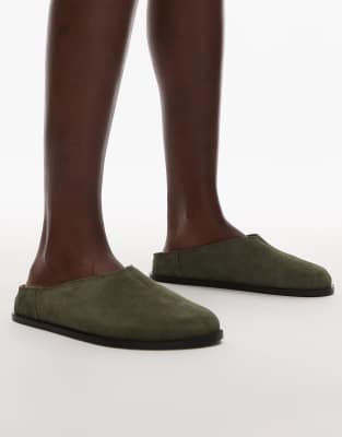 Topshop - Abbie - Mules aus Wildleder in Khaki-Grün