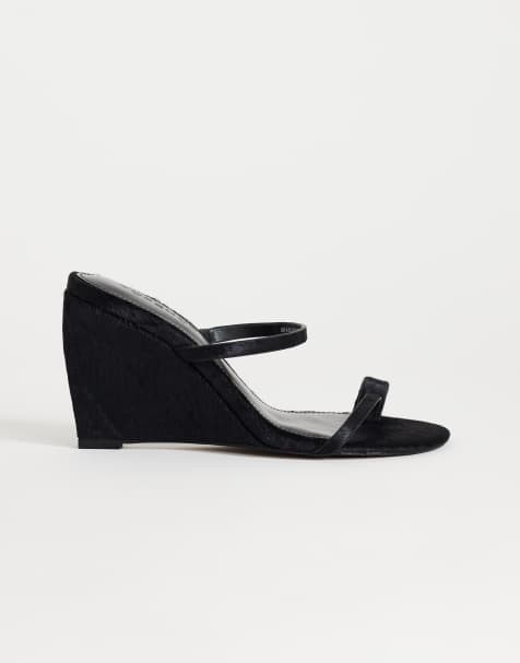 Topshop Abi strappy wedge heel sandals in black hair-on real leather - view 1