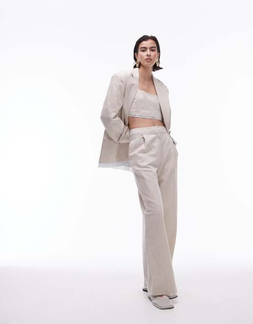 Topshop - Abito coordinato in lino oversize écru con fodera a righe a vista