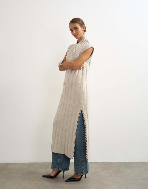 Topshop abito longline in maglia a trecce color avena, 1 di 4