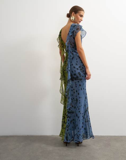 Topshop abito lungo in chiffon con dettaglio foulard, in stampa a pois astratta metà khaki e metà blu - view 1