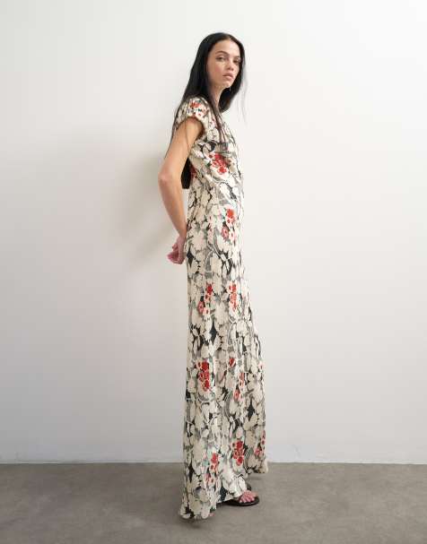 Topshop abito lungo jacquard satinato con maniche a palloncino a fiori rosse e nere - view 1