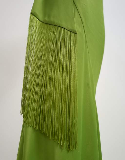 Topshop abito maxi in raso asimmetrico con scollo all'americana e sciarpa con frange verde, 3 di 4