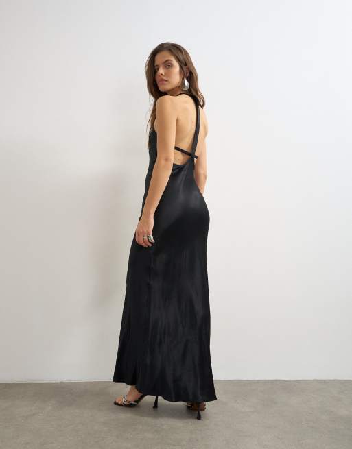 Topshop abito maxi in raso con scollo a barchetta e dettagli impuntura nero, 1 di 4